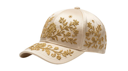 Fototapeta premium Luxury cream baseball cap with gold floral embroidery, elegant satin headwear with ornate botanical patterns, premium fashion accessory for summer