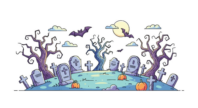 Spooky Halloween Cemetery with Pumpkins and Bats Under a Full Moon.