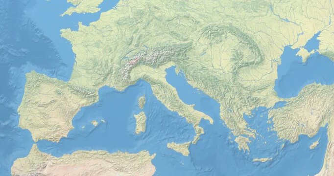 Italy on Globe. Zoom into the country with Earth spinning on dark background. Physical world map with Italy and label on it. Country view animation.