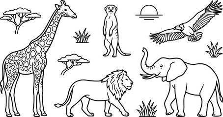 African safari wildlife animals outline vector illustration collection with lion elephant giraffe meerkat vulture and sunset © AKTAR