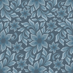 Fototapeta premium Seamless floral pattern with delicate white and soft lavender flowers on deep navy background. Minimal modern design ideal for textiles, wrapping, wallpapers, and elegant branding 