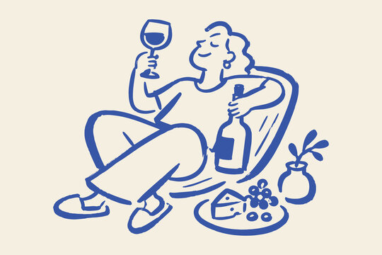 Woman Enjoying Wine Naive Doodle Vector Illustration