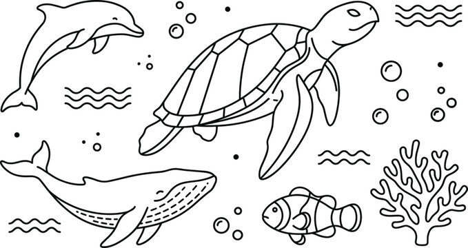 Sea animals outline vector icons set with turtle whale dolphin clownfish coral reef and bubbles elements