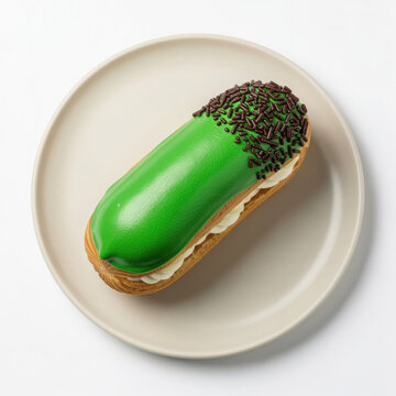Colorful Salambo Choux Pastry with Green Fondant and Chocolate Sprinkles Isolated on White Background