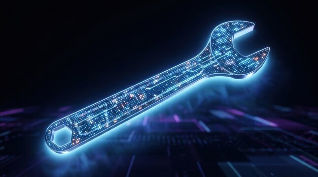 Digital wrench icon floating over dark circuit board background representing technical fix.