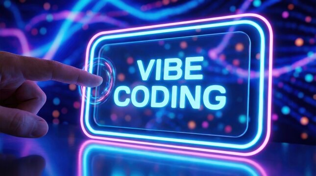 Hand interacts with illuminated neon sign stating vibe coding against vibrant backdrop.
