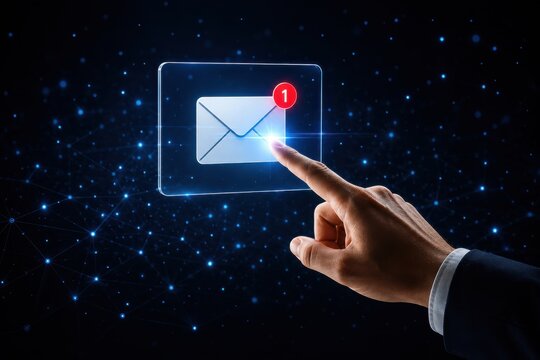 Hand touching digital email notification icon with glowing effect.