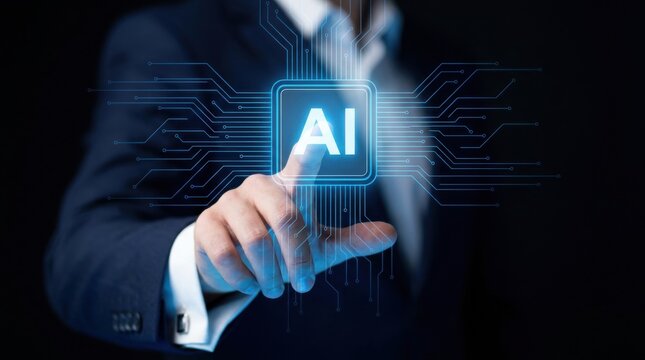 Hand touching holographic ai logo in dark office environment with digital circuit pattern.