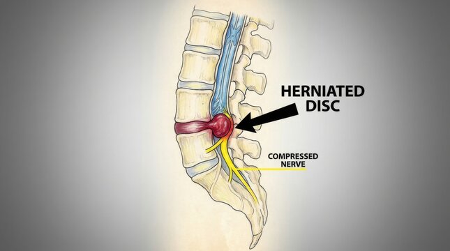 Herniated disc compressing nerve in human spine causing back pain.