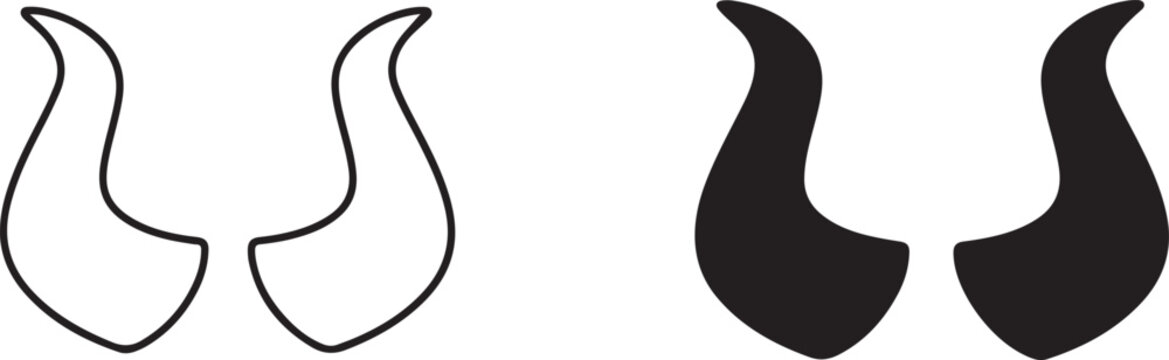 Flat Devil Horns Shape Black Silhouette and Outline.