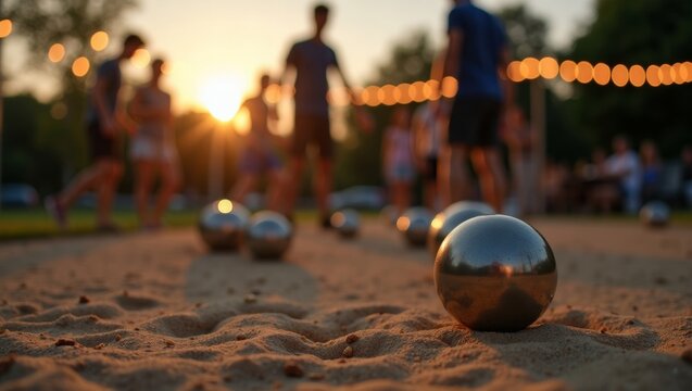 Group of people playing petanque with metallic balls on sandy court during sunset, illuminated by string lights in a park setting