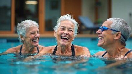 Fototapeta premium Three senior women with gray hair laughing and enjoying time together in a swimming pool, surrounded by a modern home and outdoor lounge chairs in the background