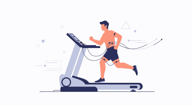 Athlete undergoing medical testing on a treadmill, connected to sensors and equipment for performance analysis