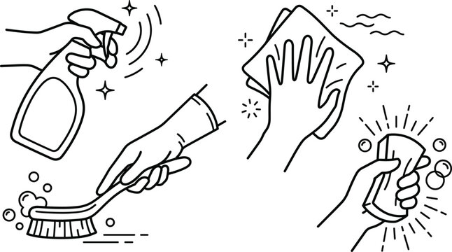 Cleaning service outline vector icons set with hand holding spray bottle brush rag and soapy sponge