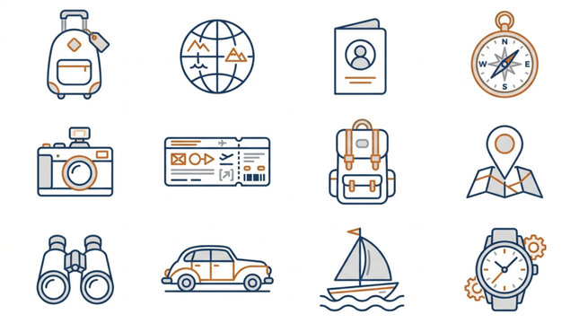 Collection of travel and vacation icons for planning adventures.