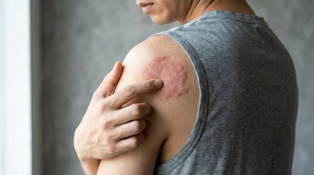 Person pointing finger at red inflammatory skin rash on shoulder due to ringworm fungus.