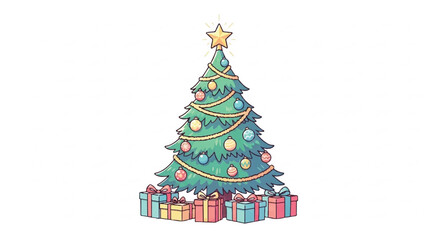 Fototapeta premium Festive Christmas Tree Decorated with Ornaments and Gifts Below.