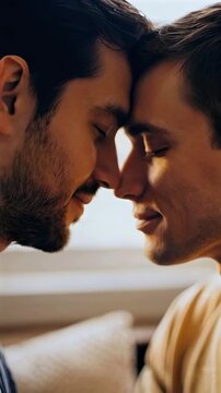 gay couple touching foreheads close-up, two men sharing intimate emotional connection, love and relationship concept, tenderness and trust, authentic moment of affection and human bonding