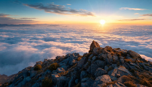 Breathtaking sunrise view over cloud inversion from rocky mountain summit with high altitude golden hour cloud sea landscape photography nature photography outdoors life mountain