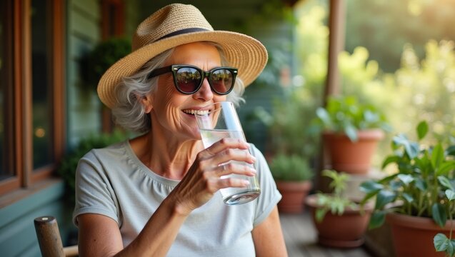 Senior woman with gray hair wearing sunglasses and a straw hat enjoys a glass of water while sitting on a porch surrounded by potted plants and sunlight