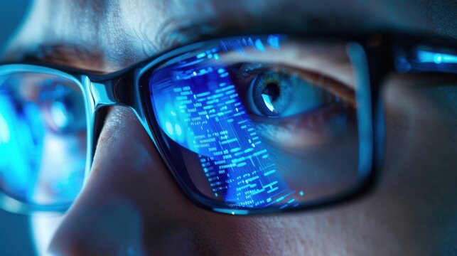 Smart glasses reflecting digital data stream over eye of man working in dark blue lighting.