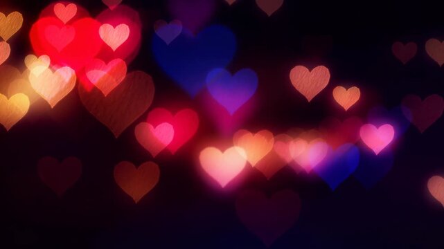 Dreamy animation of glowing red purple and gold hearts softly floating in romantic background