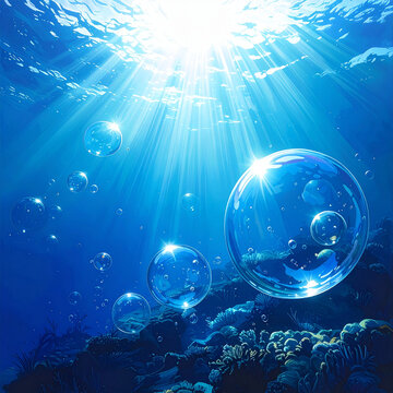 Sunlight Piercing Through Deep Blue Ocean with Floating Bubbles