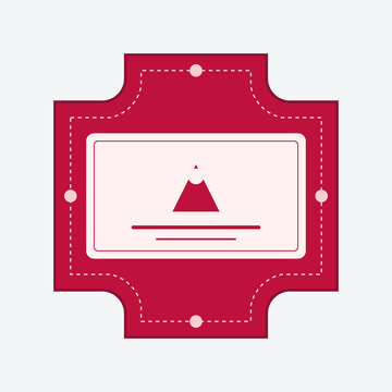 Red vintage style concave ticket stamp icon with minimalist mountain graphic on a white background.