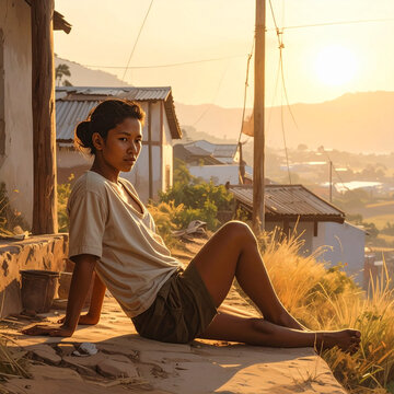 Young Woman Sitting Outdoors in Golden Sunset Light Village Scenery