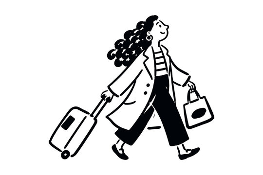 Traveling Woman with Suitcase Naive Doodle Vector Illustration