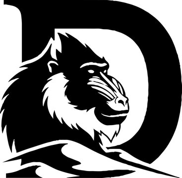 Black and white mandrill head with letter D design.