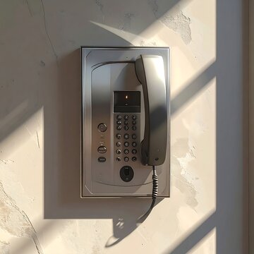 A sleek, silver intercom system mounted on a beige wall with sunlight casting shadows