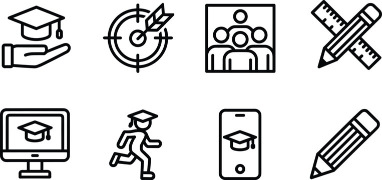 Education and learning icon set illustration featuring graduation cap, teamwork, online study, academic success, and creative design tools for school and e-learning projectsEducation and learning icon