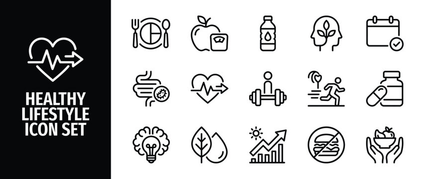 Healthy lifestyle icon set, outline style, vector illustration collection of icons related to fitness, diet, nutrition, mental health, and wellness