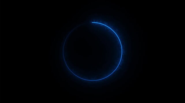 Spinning neon blue circle light trail motion on black background
