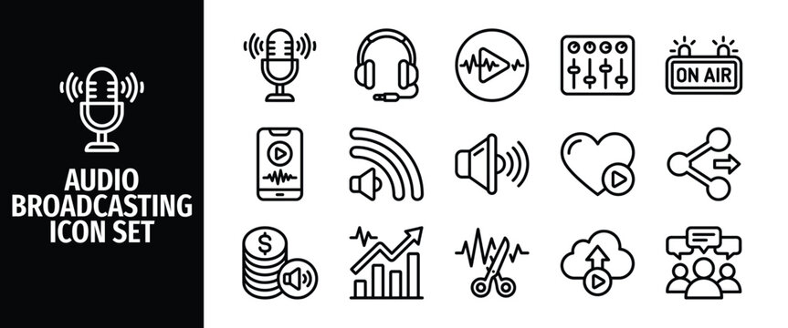 Audio broadcasting icon set, podcast and radio studio equipment, sound recording, streaming and digital media vector line icons