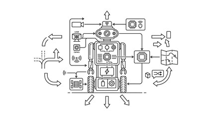 Fototapeta premium Technical robot schematic with sensor and navigation icons.