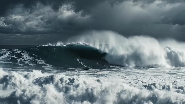 Large ocean wave crashing stormy sea.
