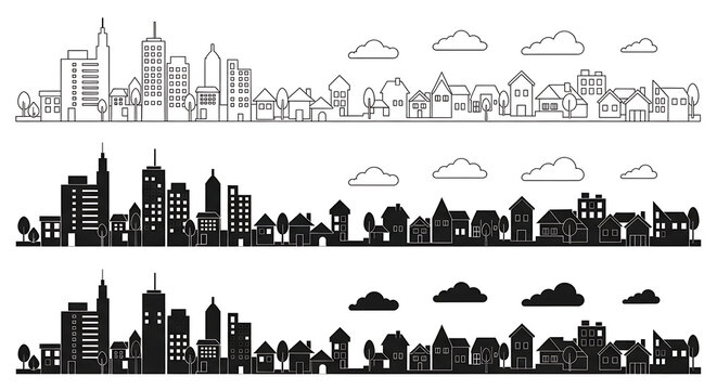 Set of three urban skyline silhouettes with clouds and houses in different design styles silhouette cityscape buildings architecture illustration elements collection landscape metropolis