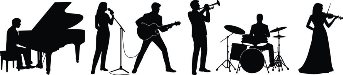 Musician silhouettes set, piano guitar violin trumpet drums singer icons, music performance vector illustration, band ensemble design pack © ANWAR