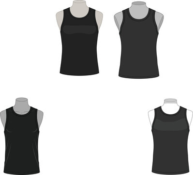 Blank black men tank top mockup vector illustration set front and back views on mannequin torso
