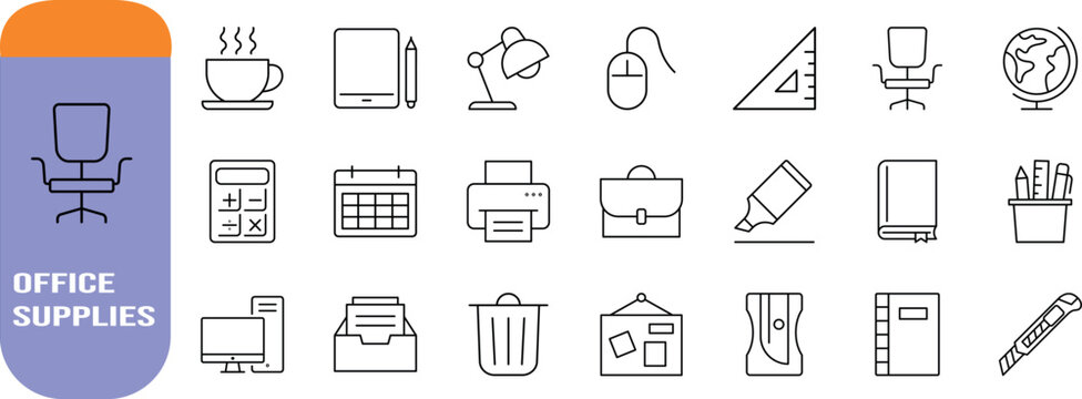 Office supplies vector icons. chair icon set, calculator icon set, printer icon set