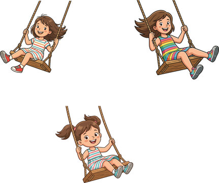 Happy little girl on wooden swing vector illustration set playing outdoors isolated on white background