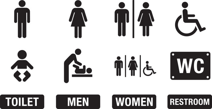 Restroom sign icons set, black toilet symbols for men and women, universal washroom wayfinding graphics, baby changing and handicap accessibility vector
