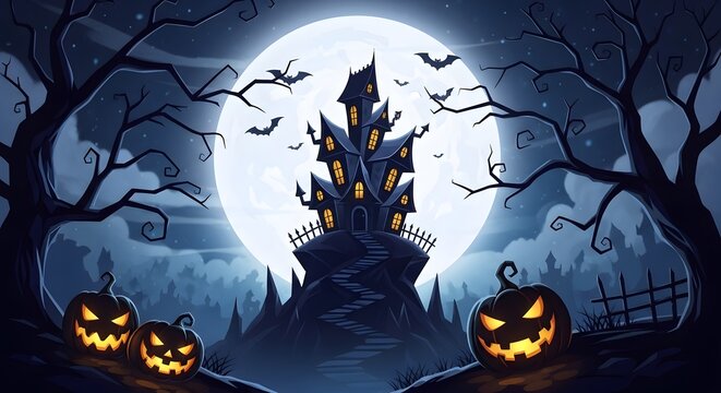 Cartoon haunted castle on a hill with jackolanterns and bats
