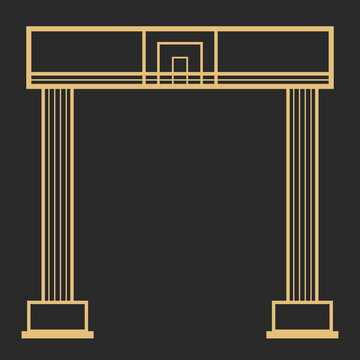 Elegant gold architectural pillar and lintel frame design set against a dark warm grey background.