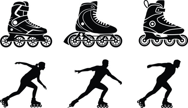 Roller skating silhouettes set, inline skates dynamic posture icons, sports activity vector illustration, recreation mobility design pack