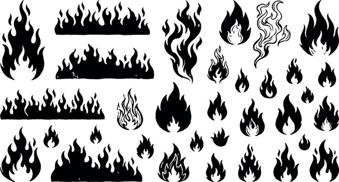 Set of black fire flames silhouettes isolated on white background transparent background