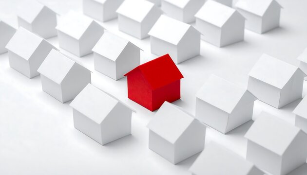 A single red house model stands out among numerous white house models on a plain surface