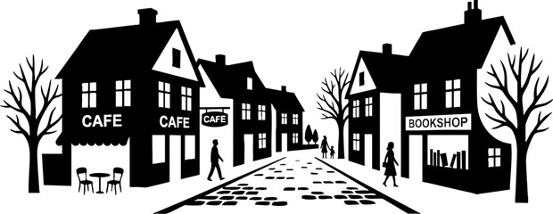 Naklejka premium Silhouette Illustration of a Town Street with Cafe and Bookshop
